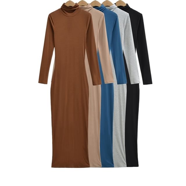 Long-Sleeve Turtleneck Plain Maxi Bodycon Dress