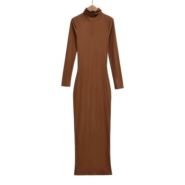 Long-Sleeve Turtleneck Plain Maxi Bodycon Dress