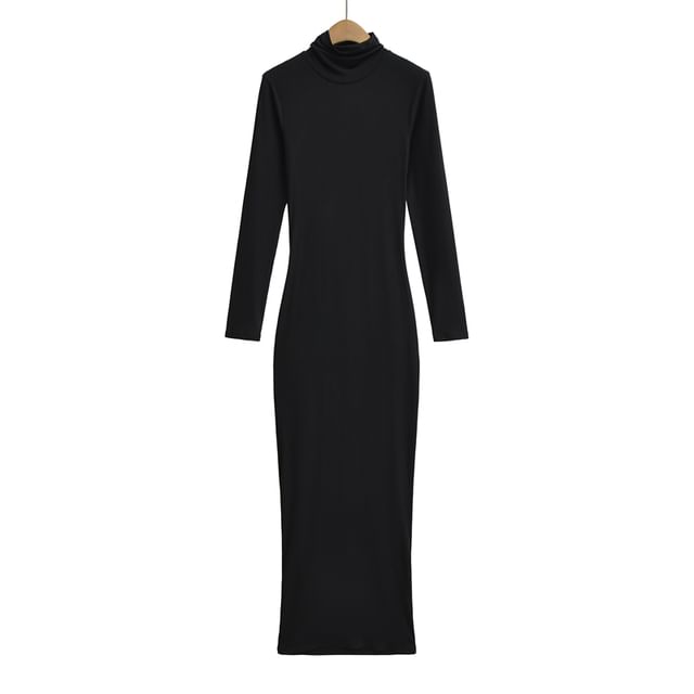 Long-Sleeve Turtleneck Plain Maxi Bodycon Dress