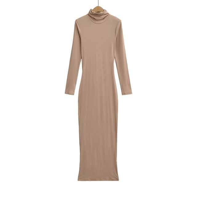 Long-Sleeve Turtleneck Plain Maxi Bodycon Dress