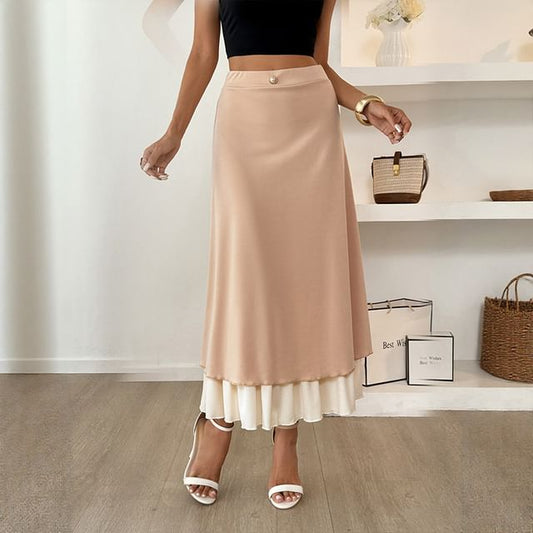 Color-Block Satin Maxi Pencil Skirt