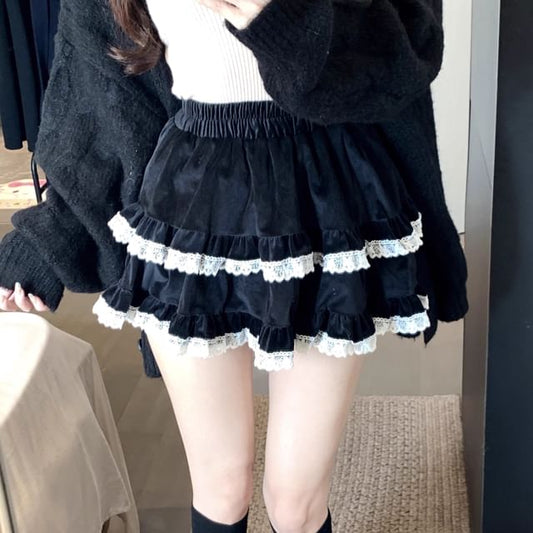 Lace Trim Mini Tiered Skirt Low Rise