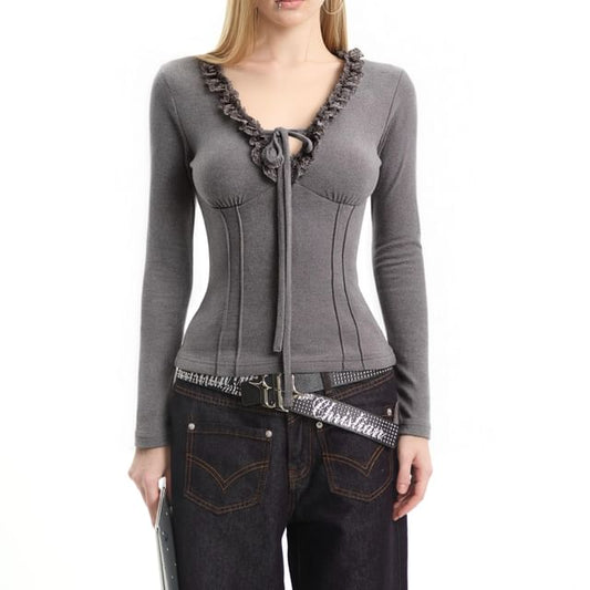 Long Sleeve V-Neck Lace Trim Tie Crop Tee