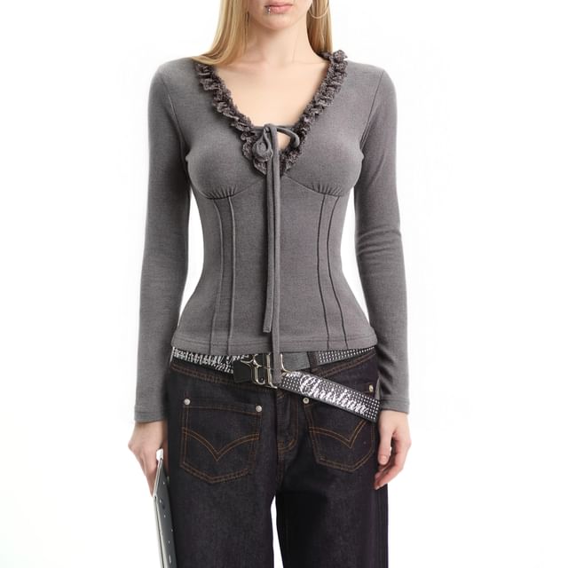 Long Sleeve V-Neck Lace Trim Tie Crop Tee