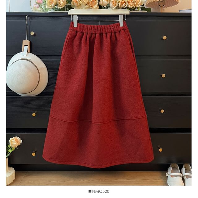 Elastic Waist Fleece Maxi A-Line Skirt