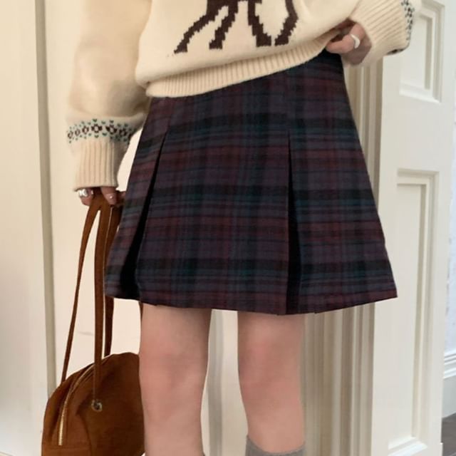 High-Rise Plaid Pleated Mini A-Line Skirt