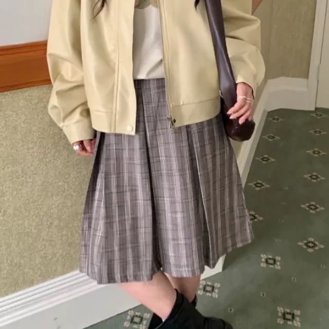 High-Waist Plaid Pleated Midi A-Line Skirt