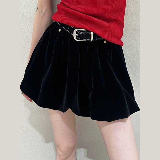 Velvet Bubble Hem Mini A-Line Skirt with High Rise