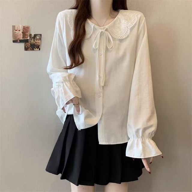 Collared Long Sleeve Lace Trim Blouse