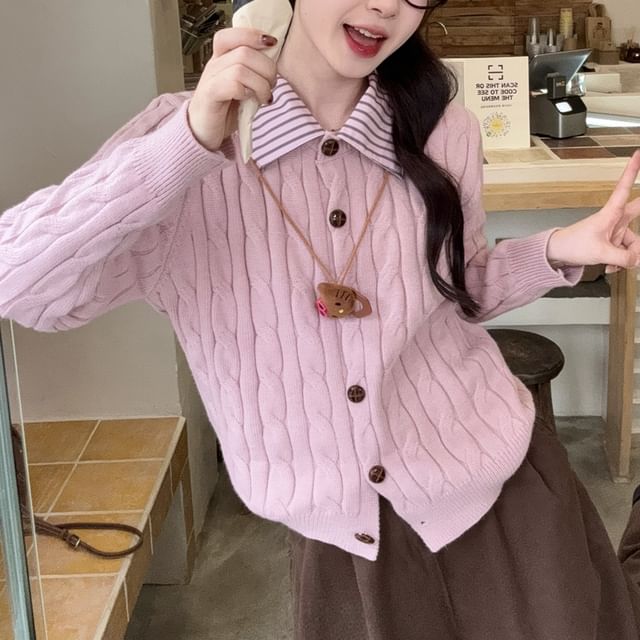 Collared Mock Two Piece Cable Knit Cardigan