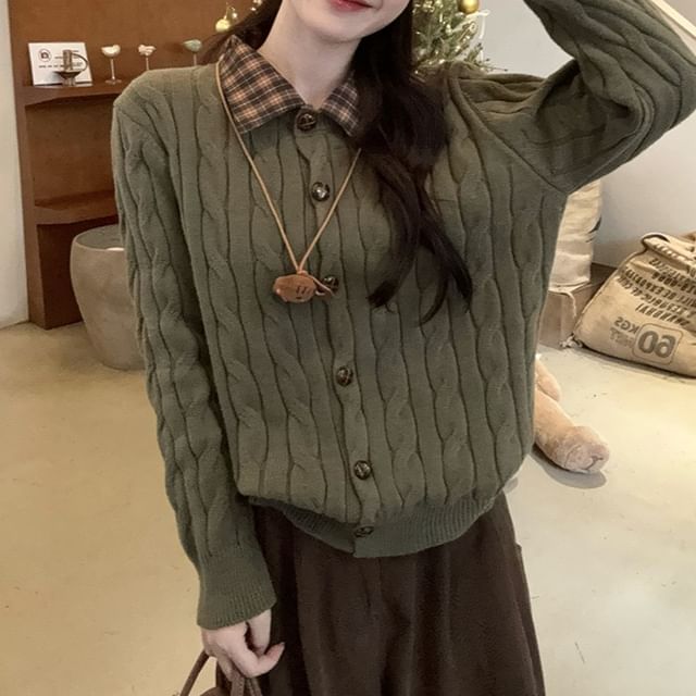 Collared Mock Two Piece Cable Knit Cardigan