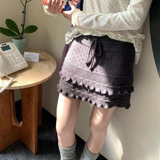 Ruffle Pointelle Knit Mini Pencil Skirt High Rise