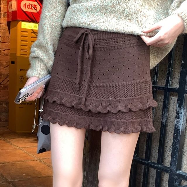 Ruffle Pointelle Knit Mini Pencil Skirt High Rise