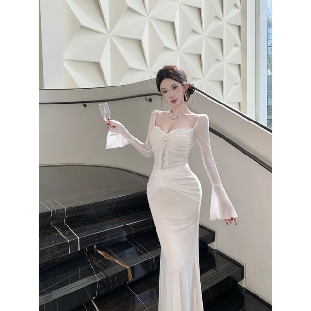 Long-Sleeve V-Neck Lace Trim Cutout Ruched Mesh Maxi Mermaid Dress