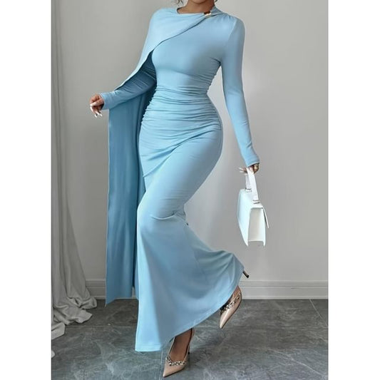 Long-Sleeve Crew Neck Plain Asymmetrical Ruched Maxi Mermaid Dress