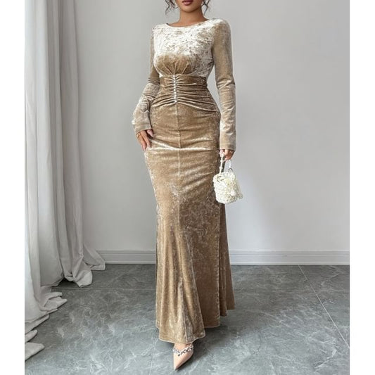 Long-Sleeve Crew Neck Faux Pearl Accent Ruched Velvet Maxi Mermaid Dress