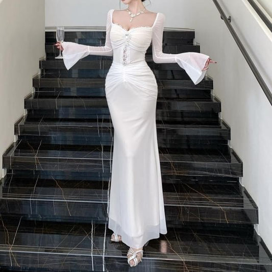 Long-Sleeve V-Neck Lace Trim Cutout Ruched Mesh Maxi Mermaid Dress