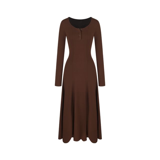 Long-Sleeve Plain Maxi Henley Mermaid Dress