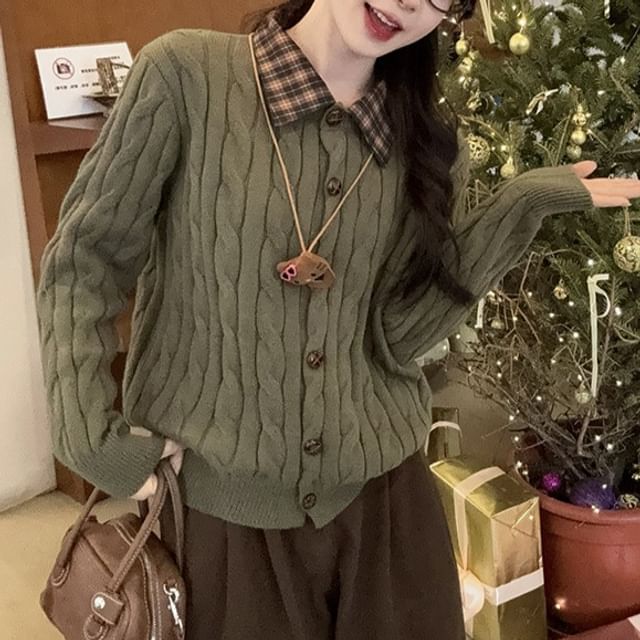 Collared Plain Cable Knit Cardigan