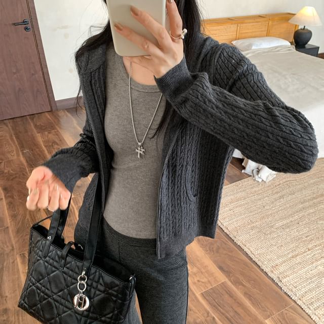 Hooded Plain Zip Cardigan
