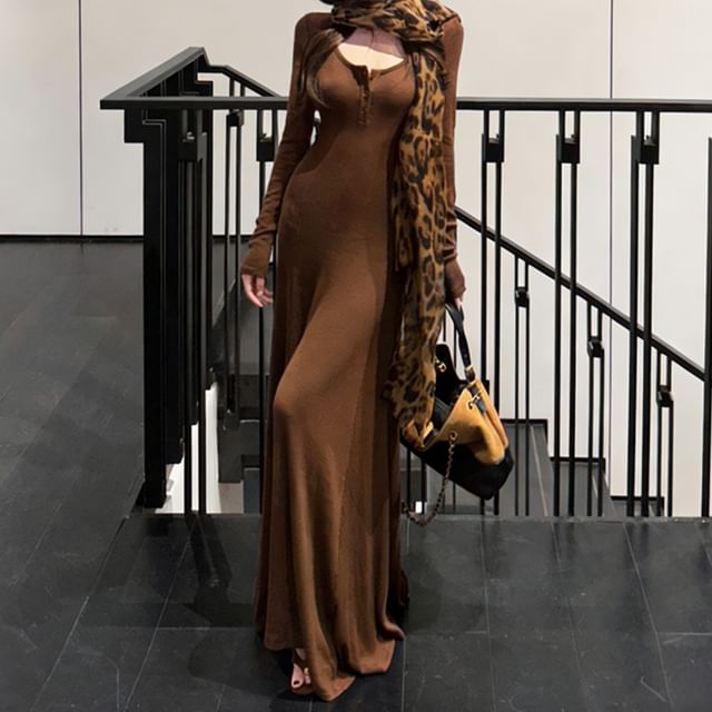 Long-Sleeve Plain Maxi Henley Mermaid Dress