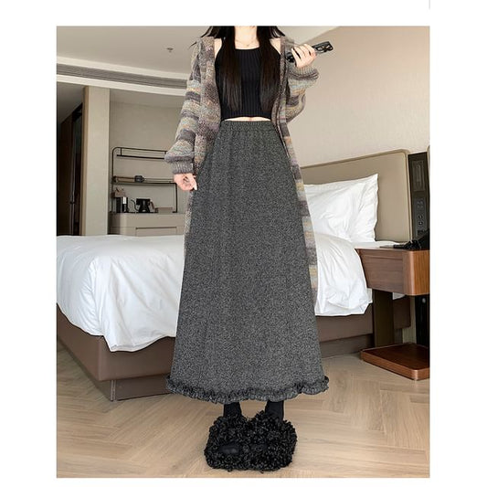Ruffled Midi A-Line Skirt High Waist