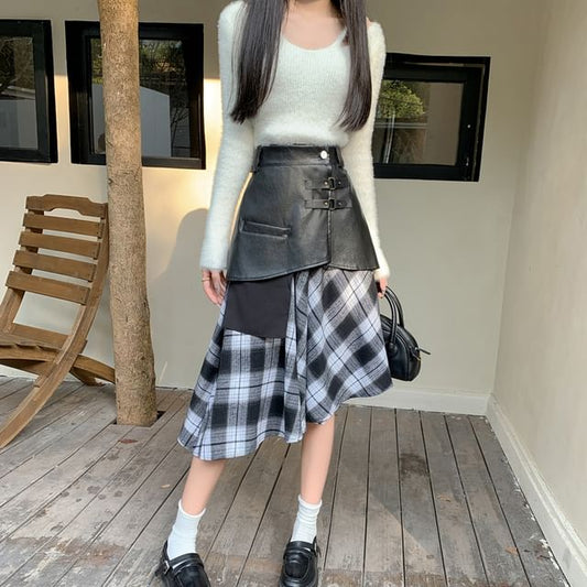 Plaid Asymmetrical Midi Skirt with Faux Leather Overlay