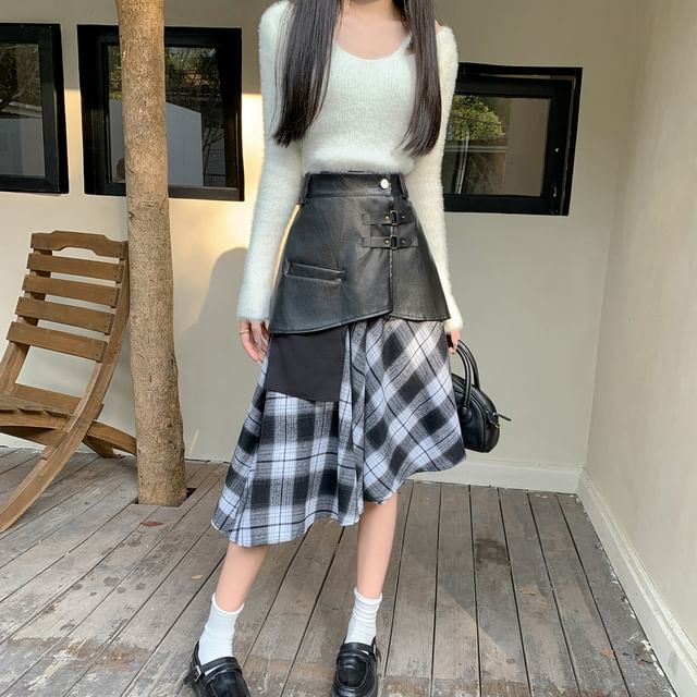 Plaid Asymmetrical Midi Skirt with Faux Leather Overlay