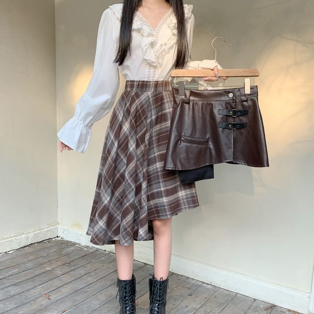 Plaid Asymmetrical Midi Skirt with Faux Leather Overlay