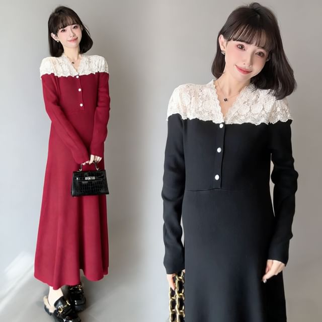 Maternity Long Sleeve Long Sleeve V-Neck Button Lace Panel Knit Maxi A-Line Dress