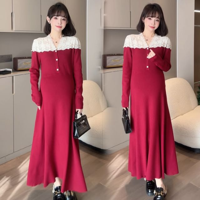 Maternity Long Sleeve Long Sleeve V-Neck Button Lace Panel Knit Maxi A-Line Dress