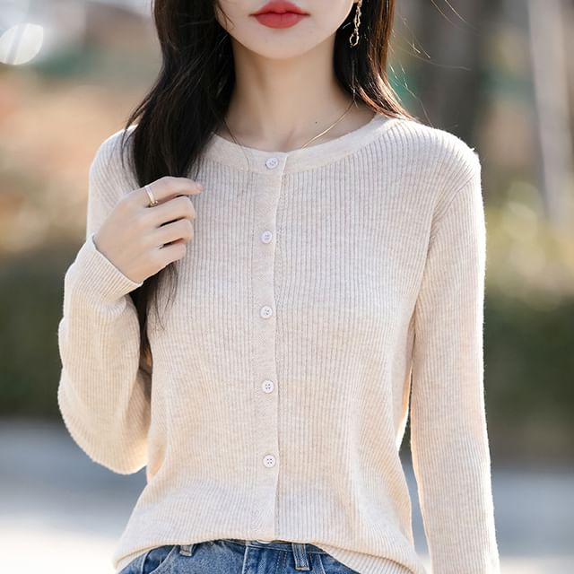 Round Neck Plain Ribbed Knit Cardigan