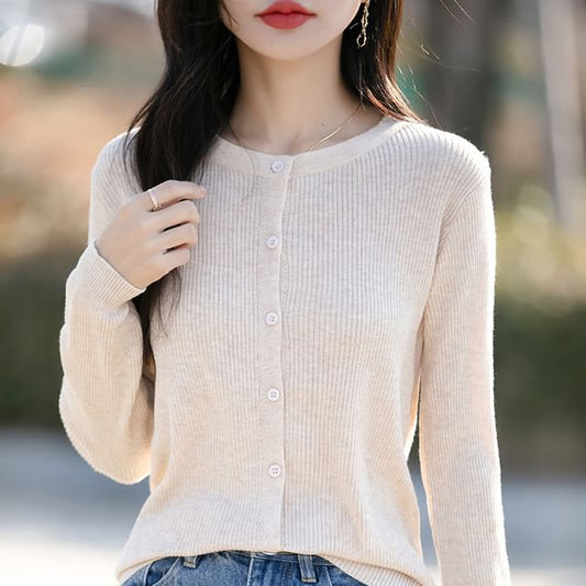 Round Neck Plain Ribbed Knit Cardigan