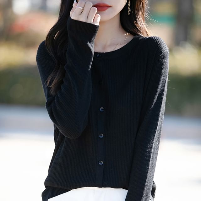 Round Neck Plain Ribbed Knit Cardigan