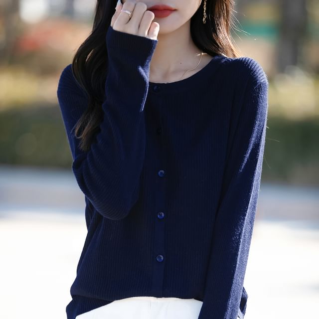 Round Neck Plain Ribbed Knit Cardigan
