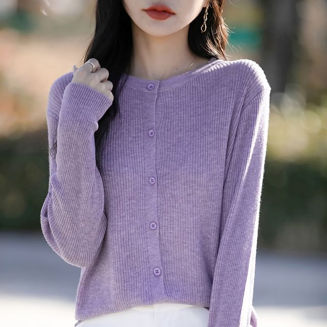 Round Neck Plain Ribbed Knit Cardigan