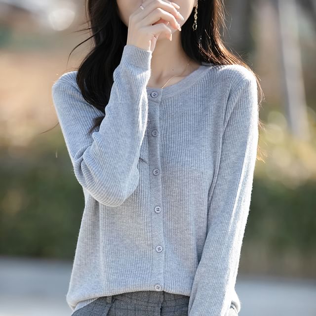 Round Neck Plain Ribbed Knit Cardigan