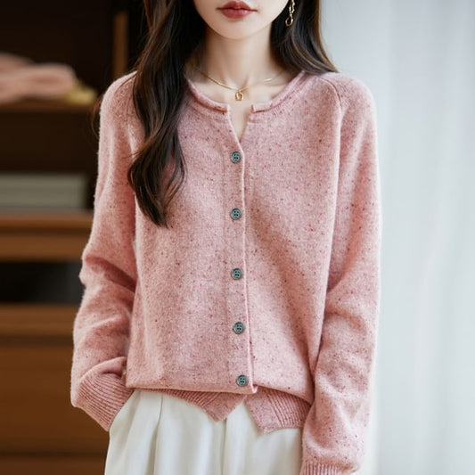 Round Neck Melange Button Up Cardigan