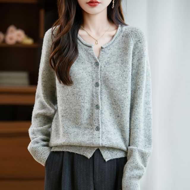 Round Neck Melange Button Up Cardigan