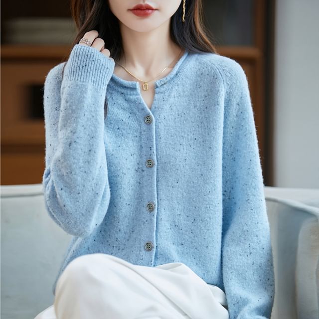 Round Neck Melange Button Up Cardigan