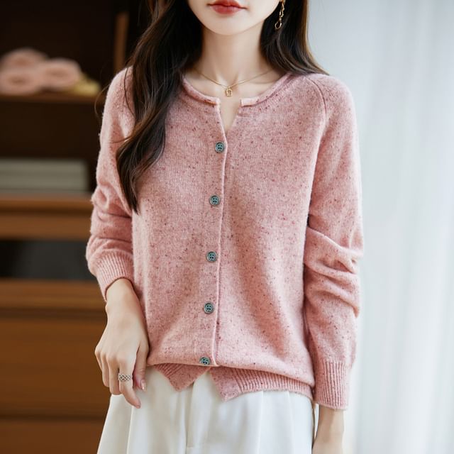 Round Neck Melange Button Up Cardigan