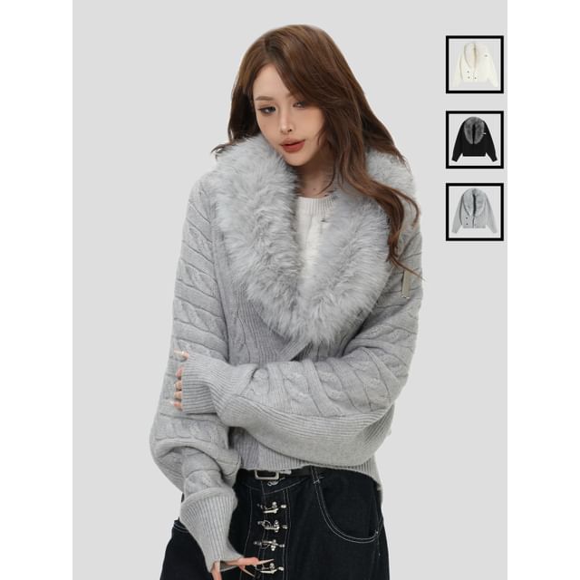 Faux Fur-Trim Dolman-Sleeve Knit Cardigan