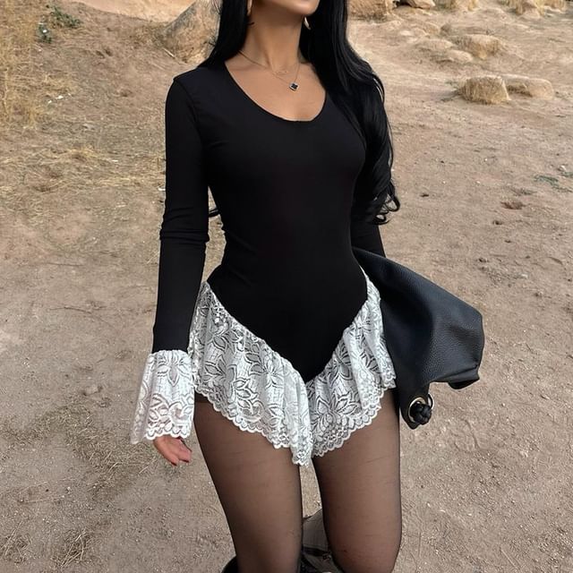 Lace Panel Scoop Neck Bodysuit Top