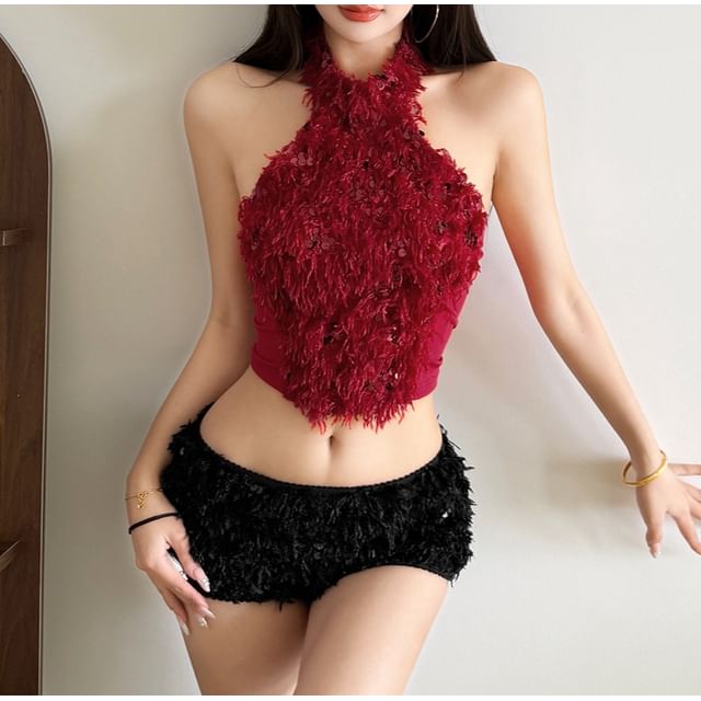 Sequin Fluffy Halter Crop Top