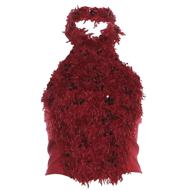 Sequin Fluffy Halter Crop Top