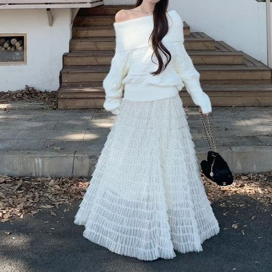 Off Shoulder Cable Knit Sweater with Tiered Mesh Maxi Skirt Set