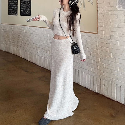 Melange Ribbed Crop Top with Maxi A-Line Skirt Set