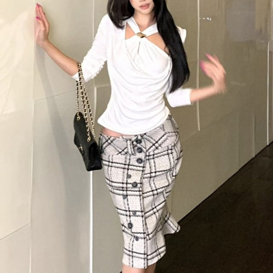 Ruched Mock Two-Piece Top with Low-Rise Plaid Midi Pencil Skirt