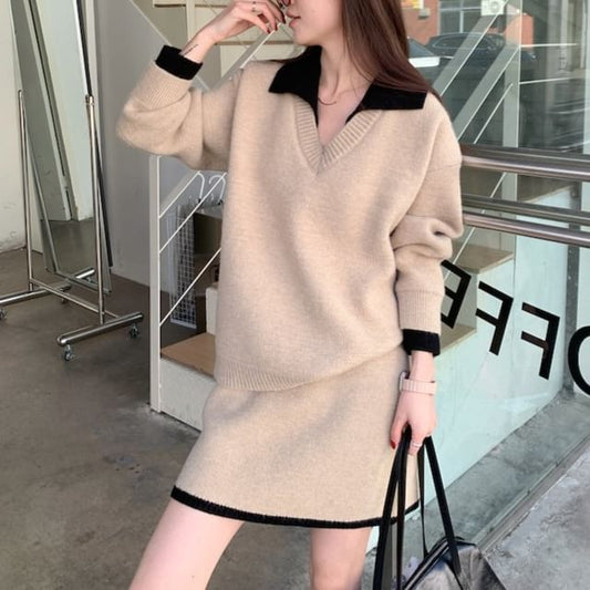 Collared Mock Two Piece Sweater with Knit Mini A-Line Skirt Set