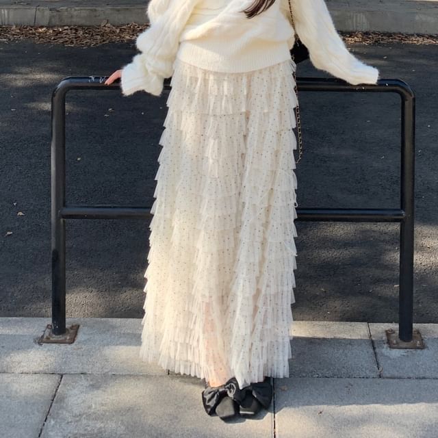 Off Shoulder Cable Knit Sweater with Tiered Mesh Maxi Skirt Set